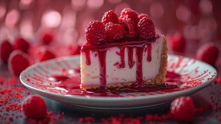 Raspberry cheesecake with fresh raspberries on a red backgroundの素材