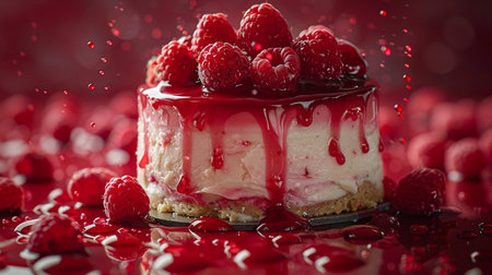 Raspberry cheesecake with fresh raspberries on a red backgroundの素材