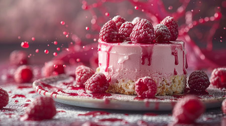 Raspberry cake with cream and fresh raspberries, selective focusの素材