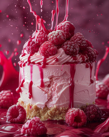 Birthday cake with raspberries and cream on a red backgroundの素材