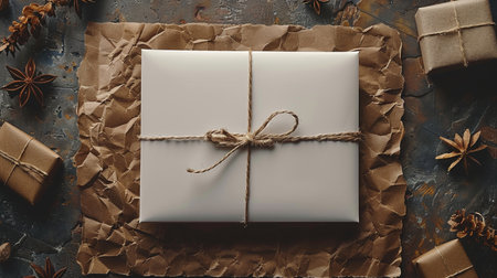 Gift box wrapped in craft paper and tied with twine, top viewの素材