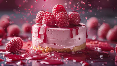 Delicious raspberry cake with splashes of water on a dark backgroundの素材