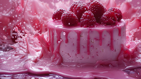 Fruit cake with raspberries splashing on a pink backgroundの素材