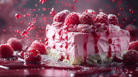 Piece of raspberry cake with icing and falling raspberries.の素材