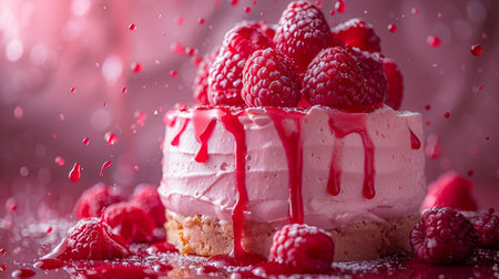 Raspberry cake with cream and fresh raspberries on a pink backgroundの素材