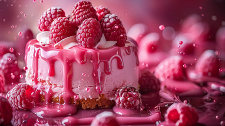 Fruit cake with raspberries and cream on a pink backgroundの素材