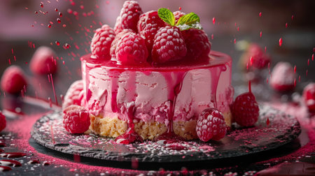 Piece of raspberry cheesecake with fresh raspberries on dark backgroundの素材