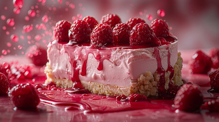 Raspberry cheesecake with fresh raspberries on a pink backgroundの素材