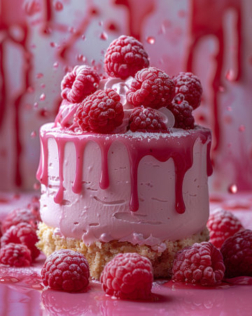 Cake with fresh raspberries and cream on a pink backgroundの素材
