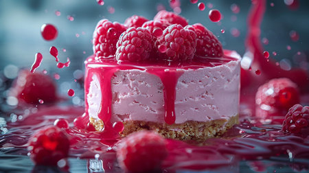 Piece of cake with raspberries and cream on a dark backgroundの素材