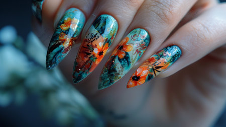 Female hand with long nails and bright blue manicure with bottles of nail polishの素材