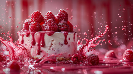 Piece of cake with raspberries and chocolate splashes on a red backgroundの素材
