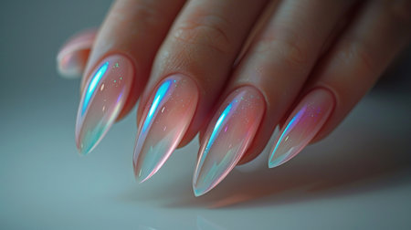 Female hand with long nails and bright glitter manicure holds a bottle of nail polishの素材