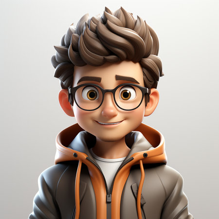 3D illustration of a young boy with glasses and a hoodieの素材