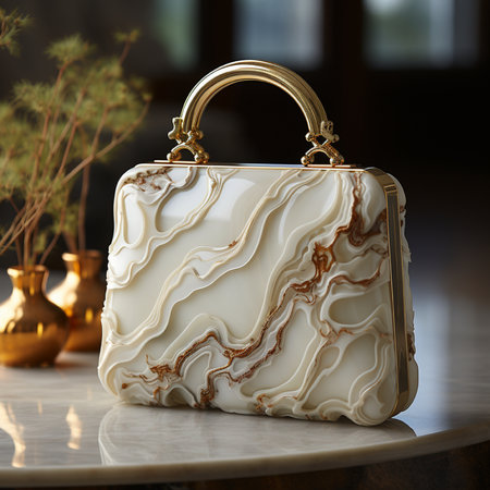 Luxury golden handbag on white marble table, closeupの素材