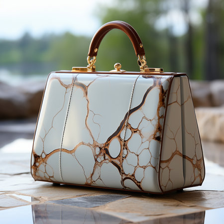 Luxury handbagle table outdoors. Fashionable female accessoryの素材