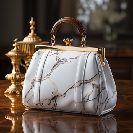 Luxury white leather handbag on a wooden table in the interiorの素材