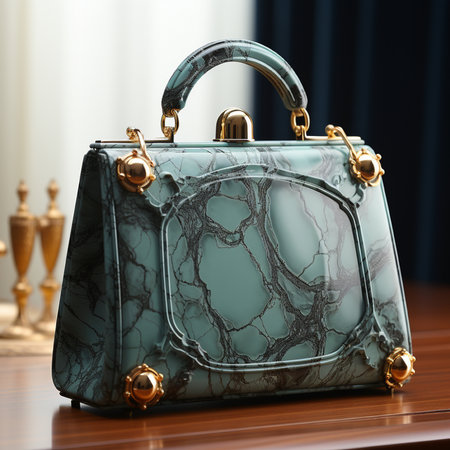 Stylish handbag on table in room, closeup. Luxury accessoryの素材