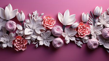 Paper flowers on pink background, top view. Floral design elementの素材