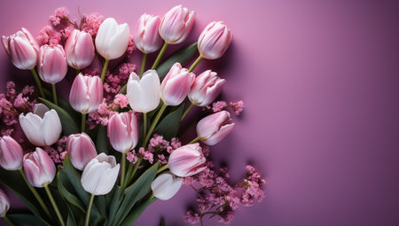 Bouquet of pink and white tulips on a pink backgroundの素材
