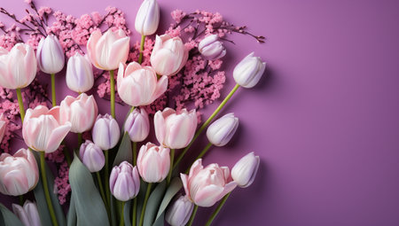 Bouquet of pink and white tulips on a purple backgroundの素材