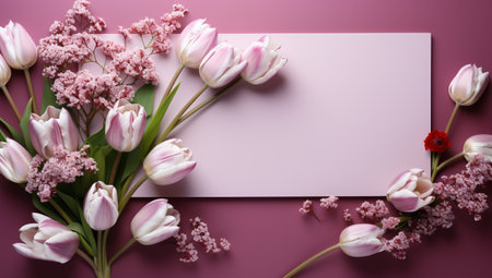 Pink tulips and pink hyacinths on a pink backgroundの素材
