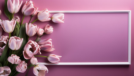 Pink tulips and white frame on a pink background with copy spaceの素材