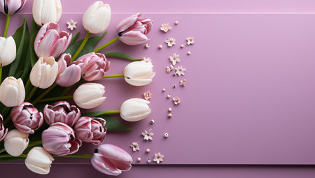 Bouquet of tulips and lilac flowers on pink backgroundの素材