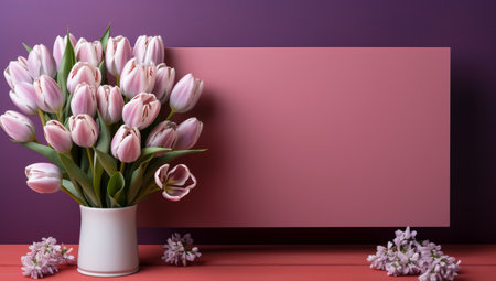 Bouquet of pink tulips in a vase on a purple background.の素材