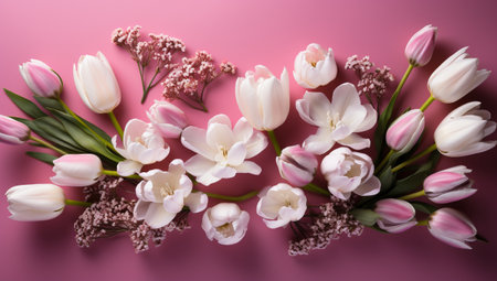 Bouquet of white and pink tulips on a pink backgroundの素材
