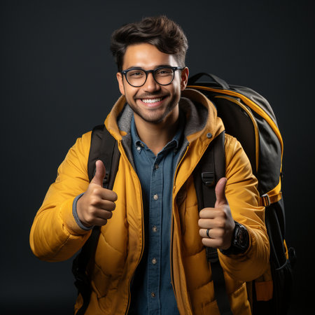 Portrait of a smiling young man with backpack and thumbs up.の素材