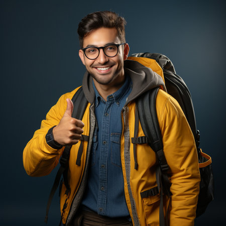 Portrait of a happy young man with backpack showing thumbs up.の素材