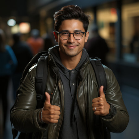 Portrait of a handsome young man with thumbs up in the cityの素材