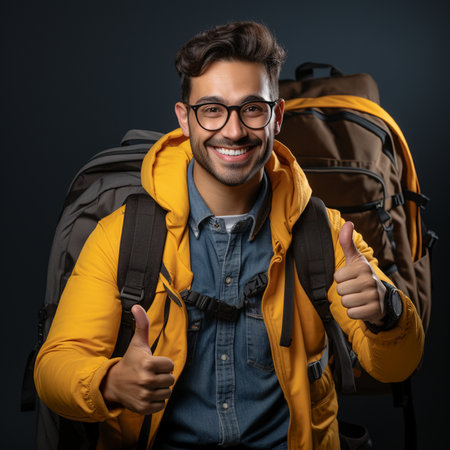 Portrait of a smiling young man with backpack and thumbs up.の素材