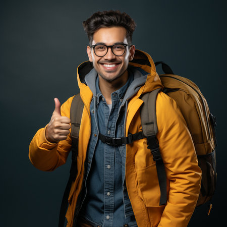 Portrait of a smiling young man with backpack showing thumbs up.の素材