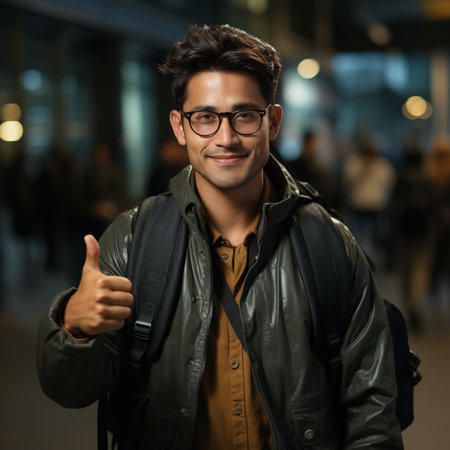 Portrait of handsome young man with backpack showing thumbs up in the cityの素材