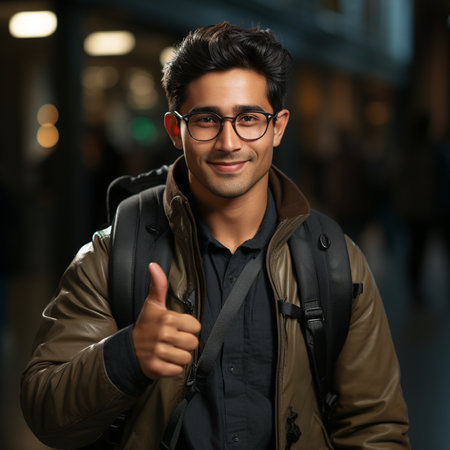 young indian man with backpack and thumbs up in the city at nightの素材