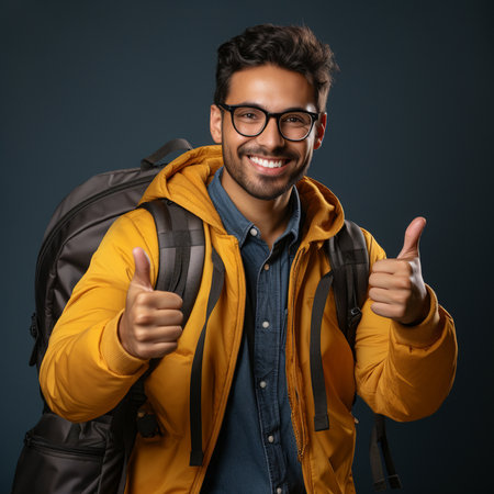 Cheerful young arab man with backpack showing thumbs up gestureの素材
