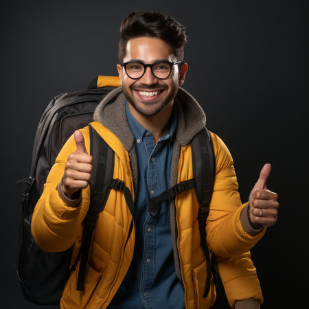 Cheerful young man with backpack and thumbs up on black backgroundの素材