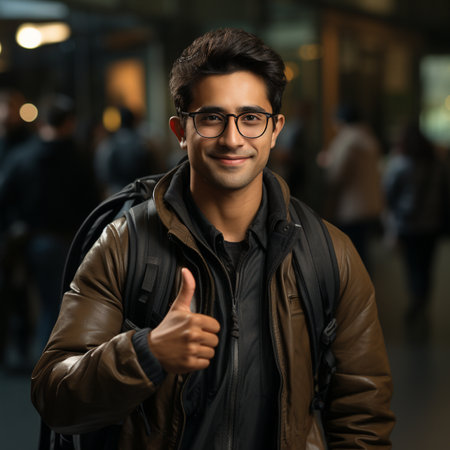 young indian man with backpack and thumbs up in the city at nightの素材