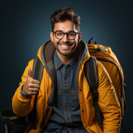 Cheerful young indian man with backpack and thumbs up gestureの素材
