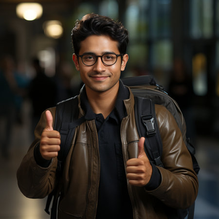 Portrait of young man with backpack and thumbs up at the airportの素材