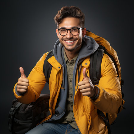 Portrait of a happy young man with backpack showing thumbs up.の素材