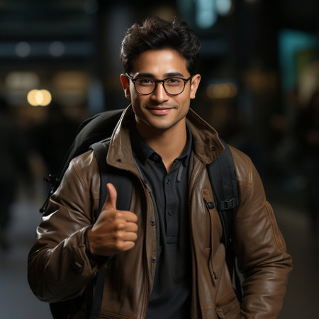 Portrait of a young man with backpack showing thumbs up in the cityの素材
