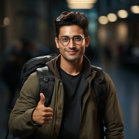 Portrait of a handsome young man with a backpack showing thumbs upの素材