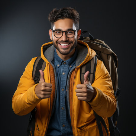 Portrait of a happy young man with backpack showing thumbs up.の素材