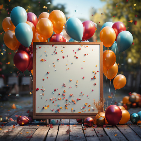 Blank frame with colorful balloons and confetti on wooden table in parkの素材