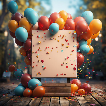 Colorful balloons and confetti on wooden background. 3d renderingの素材