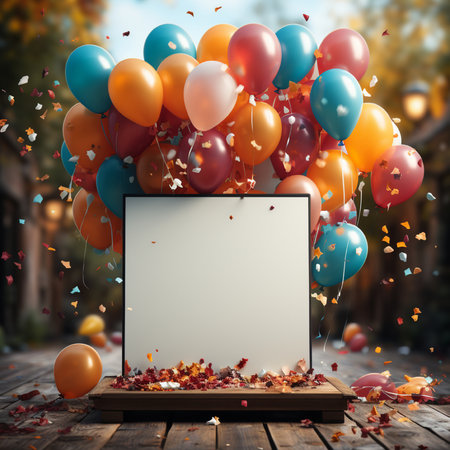 Tablet pc with blank white screen and colorful balloons on wooden background.の素材