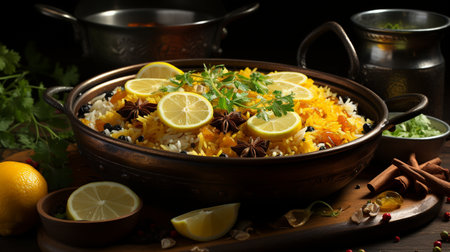Pilaf in a bowl with lemon and spices on a wooden tableの素材